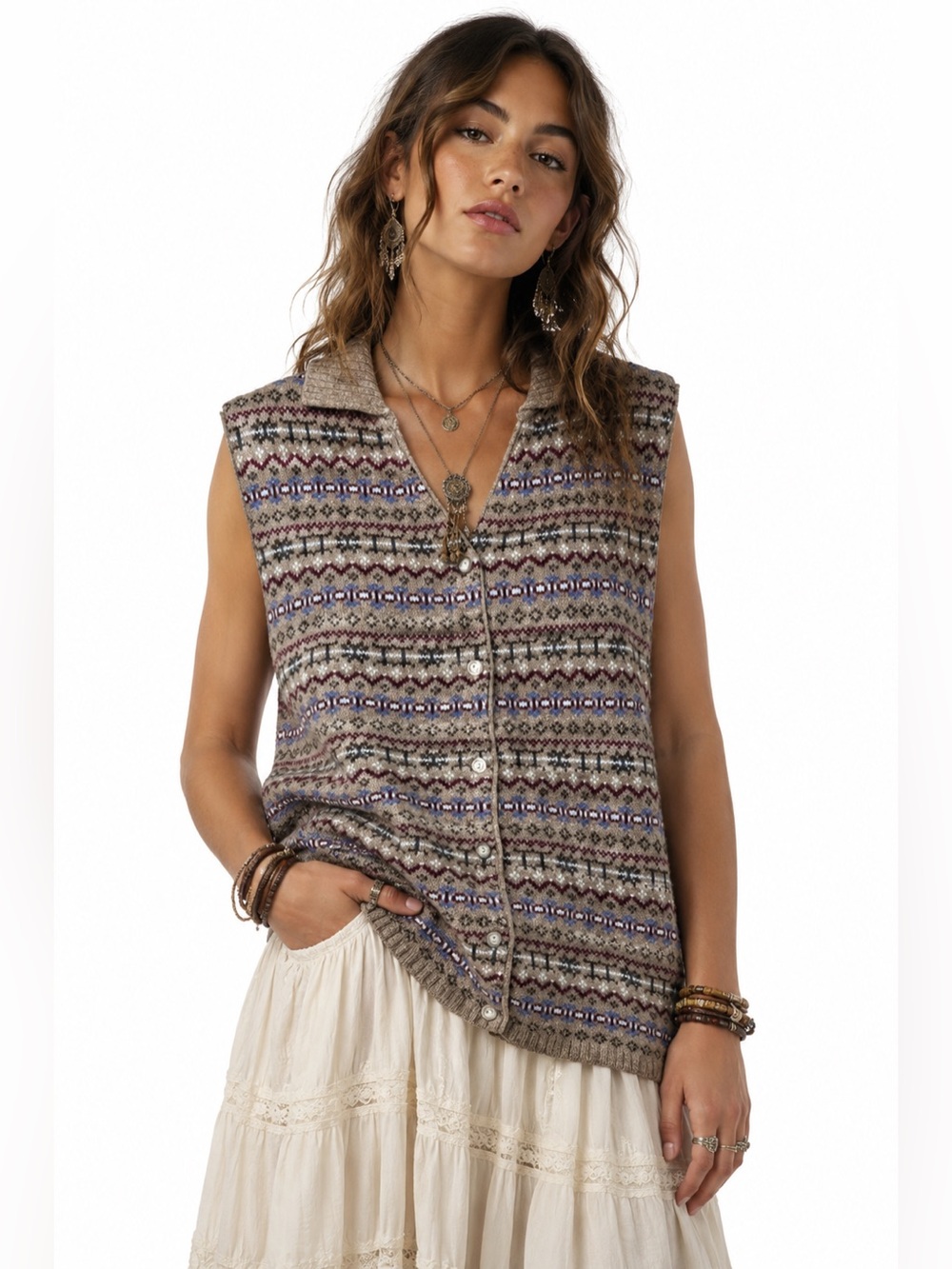 Vintage Fair Isle 100% Wool Tribal Nordic Cardigan Vest Earthy Boho Cabincore